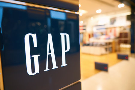 HONG KONG - CIRCA SEPTEMBER, 2016: close up shot of GAP sign in Hong Kong. GAP is an American worldwide clothing and accessories retailer.のeditorial素材