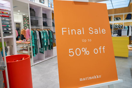 HONG KONG - CIRCA SEPTEMBER, 2016: Final sale sign at Marimekko store in Hong Kong. Shopping is a...