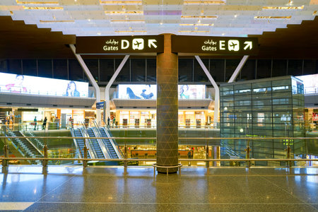 DOHA, QATAR - CIRCA MAY, 2017: inside Hamad International Airport of Doha, the capital city of Qatar.のeditorial素材