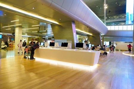 DOHA, QATAR - CIRCA MAY, 2017: inside Hamad International Airport of Doha, the capital city of Qatar.のeditorial素材