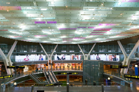 DOHA, QATAR - CIRCA JUNE, 2017: inside Hamad International Airport of Doha, the capital city of Qatar.のeditorial素材