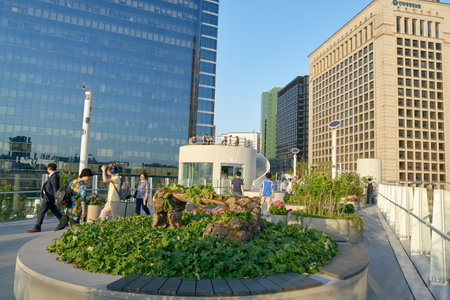 SEOUL, SOUTH KOREA -  JUNE 01, 2017: Seoul 7017 Skypark at daytime. The Seoullo 7017 Skypark, is an elevated linear park in central Seoul  which opened on May 20, 2017.のeditorial素材