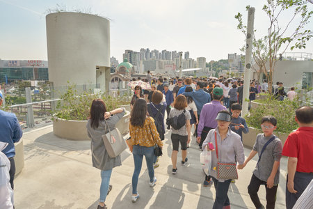 SEOUL, SOUTH KOREA - MAY 20, 2017: Seoul 7017 Skypark at opening day. The Seoullo 7017 Skypark, is...