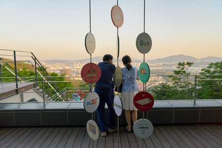 SEOUL, SOUTH KOREA - CIRCA MAY, 2017: people watch Seoul city view from Namsan Mountain in central...