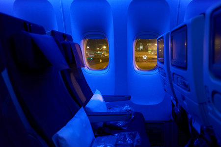 DOHA, QATAR - CIRCA MAY, 2017: inside Qatar Airways Boeing 777. Qatar Airways, is the state-owned flag carrier of Qatar.のeditorial素材