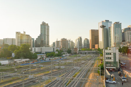 SEOUL, SOUTH KOREA - JUNE 01, 2017: view from Seoul 7017 Skypark. The Seoullo 7017 Skypark, is an elevated linear park in central Seoul  which opened on May 20, 2017.のeditorial素材