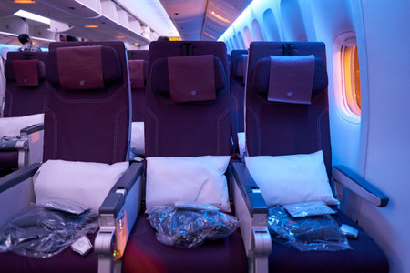 DOHA, QATAR - CIRCA MAY, 2017: inside Qatar Airways Boeing 777. Qatar Airways, is the state-owned flag carrier of Qatar.のeditorial素材