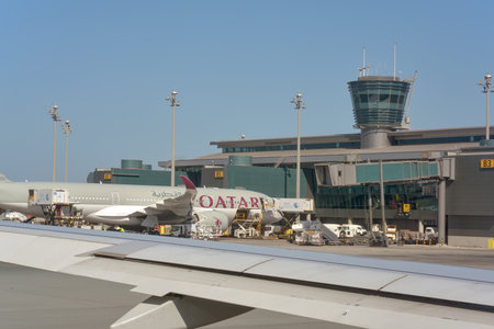 DOHA, QATAR - CIRCA JUNE, 2017: Qatar Airways aircraft at Hamad International Airport.のeditorial素材