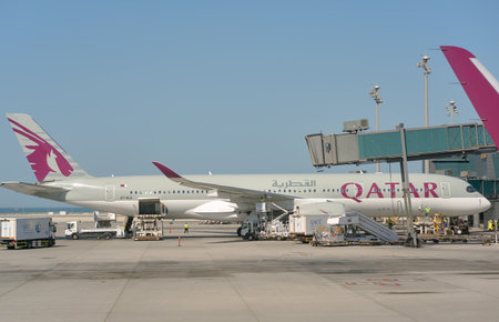 DOHA, QATAR - CIRCA JUNE, 2017: Qatar Airways aircraft at Hamad International Airport.のeditorial素材