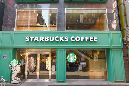 SEOUL, SOUTH KOREA -  CIRCA MAY, 2017: Starbucks coffee shop in Seoul. Starbucks Corporation is an American coffee company and coffeehouse chain.のeditorial素材