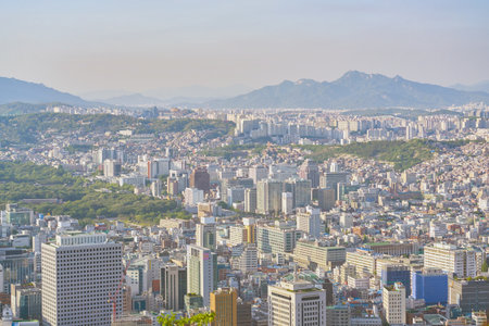 SEOUL, SOUTH KOREA - CIRCA MAY, 2017: Seoul city view from Namsan Mountain at daytime. Seoul Special City is the capital and largest metropolis of the Republic of Korea.のeditorial素材