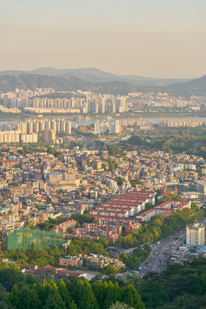 SEOUL, SOUTH KOREA - CIRCA MAY, 2017: Seoul city view from Namsan Mountain at daytime. Seoul Special City is the capital and largest metropolis of the Republic of Korea.のeditorial素材