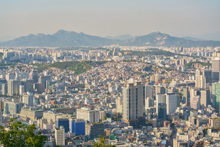 SEOUL, SOUTH KOREA - CIRCA MAY, 2017: Seoul city view from Namsan Mountain at daytime. Seoul Special City is the capital and largest metropolis of the Republic of Korea.のeditorial素材