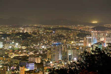 SEOUL, SOUTH KOREA - CIRCA JUNE, 2017: Seoul city view from Namsan Mountain at nighttime. Seoul Special City is the capital and largest metropolis of the Republic of Korea.のeditorial素材