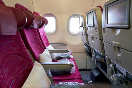 MOSCOW, RUSSIA - CIRCA MAY, 2017: inside Qatar Airways Airbus A321. Qatar Airways, is the state-owned flag carrier of Qatar.のeditorial素材