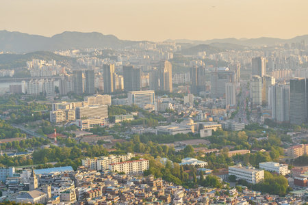 SEOUL, SOUTH KOREA - CIRCA MAY, 2017: Seoul city view from Namsan Mountain at daytime. Seoul Special City is the capital and largest metropolis of the Republic of Korea.のeditorial素材