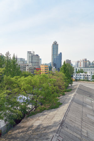 SEOUL, SOUTH KOREA - MAY 20, 2017: view from Seoul 7017 Skypark at opening day. The Seoullo 7017 Skypark, is an elevated linear park in central Seoul  which opened on May 20, 2017.のeditorial素材