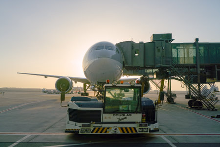 DOHA, QATAR - CIRCA JUNE, 2017: Qatar Airways aircraft on tarmac at Hamad International Airport in...