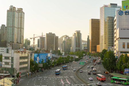 SEOUL, SOUTH KOREA - JUNE 01, 2017: view from Seoul 7017 Skypark. The Seoullo 7017 Skypark, is an elevated linear park in central Seoul  which opened on May 20, 2017.のeditorial素材