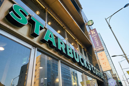 SEOUL, SOUTH KOREA -  CIRCA MAY, 2017: Starbucks sign. Starbucks Corporation is an American coffee company and coffeehouse chain.のeditorial素材