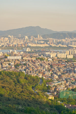 SEOUL, SOUTH KOREA - CIRCA MAY, 2017: Seoul city view from Namsan Mountain at daytime. Seoul Special City is the capital and largest metropolis of the Republic of Korea.のeditorial素材