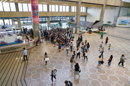 SEOUL, SOUTH KOREA - CIRCA MAY, 2017: people with cameras at Gimpo Airport International Terminal. Gimpo International Airport is located in the far western end of Seoul.のeditorial素材