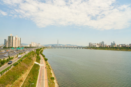 SEOUL, SOUTH KOREA - CIRCA JUNE, 2017: view of Han River in Seoul. The Han River or Hangang is a major river in South Korea.のeditorial素材