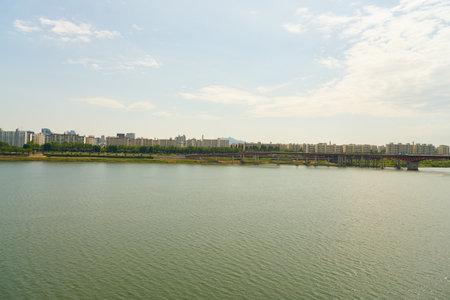 SEOUL, SOUTH KOREA - CIRCA JUNE, 2017: view of Han River in Seoul. The Han River or Hangang is a major river in South Korea.のeditorial素材