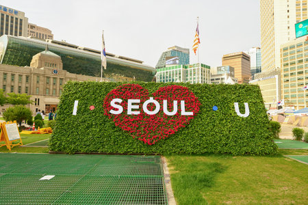 SEOUL, SOUTH KOREA - CIRCA MAY, 2017: I SEOUL U sign and City Hall building. Seoul Special City is the capital and largest metropolis of the Republic of Korea.のeditorial素材