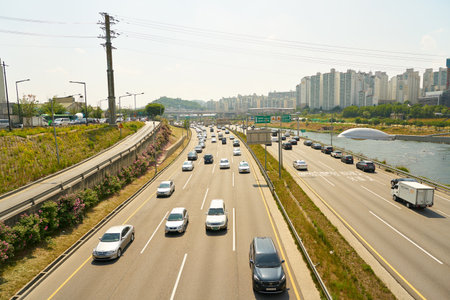 SEOUL, SOUTH KOREA - CIRCA JUNE, 2017: Seoul urban landscape. Seoul Special City is the capital and largest metropolis of the Republic of Korea.のeditorial素材