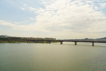 SEOUL, SOUTH KOREA - CIRCA JUNE, 2017: view of Han River in Seoul. The Han River or Hangang is a major river in South Korea.のeditorial素材