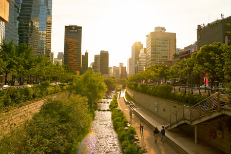 SEOUL, SOUTH KOREA - CIRCA MAY, 2017: Cheonggyecheon Stream and modern buildings in Seoul. Seoul Special City is the capital and largest metropolis of the Republic of Korea.のeditorial素材