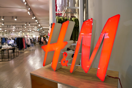 SEOUL, SOUTH KOREA - CIRCA MAY, 2017: close up shot of H and M sign. H & M Hennes & Mauritz AB is a Swedish multinational clothing-retail companyのeditorial素材