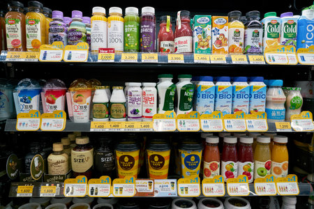 SEOUL, SOUTH KOREA - CIRCA MAY, 2017: goods on display at a convenience store in Seoul.のeditorial素材