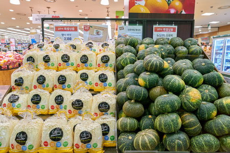 SEOUL, SOUTH KOREA - CIRCA MAY, 2017: food on display at Lotte Mart in Seoul. Lotte Mart is an east Asian hypermarket that sells a variety of groceries, clothing, toys, electronics, and other goods.のeditorial素材