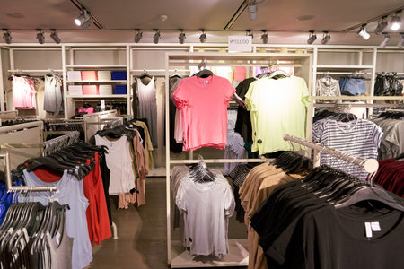 SEOUL, SOUTH KOREA - CIRCA MAY, 2017: clothing on display at H and M store in Seoul. H & M Hennes & Mauritz AB is a Swedish multinational clothing-retail companyのeditorial素材