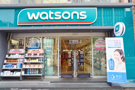 SEOUL, SOUTH KOREA - CIRCA MAY, 2017: Watsons store in Seoul. Watsons Personal Care Stores is the largest health care and beauty care chain store in Asia.のeditorial素材