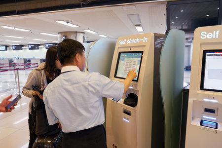 SEOUL, SOUTH KOREA - CIRCA MAY, 2017: self-service check-in kiosks at Gimpo Airport International...