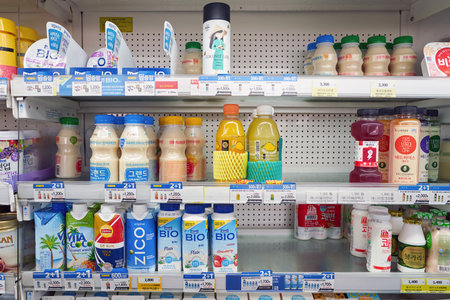 SEOUL, SOUTH KOREA - CIRCA MAY, 2017: goods on display at GS25 convenience store in Seoul. GS25 is a convenience store brand in South Korea.のeditorial素材