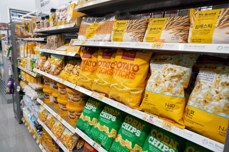 SEOUL, SOUTH KOREA - CIRCA MAY, 2017: goods on display at a convenience store in Seoul.のeditorial素材