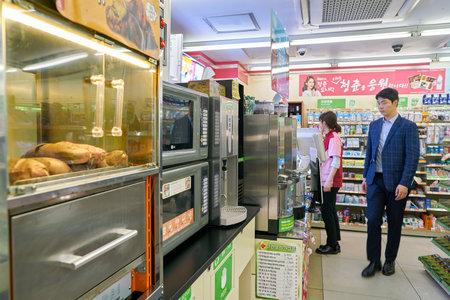 SEOUL, SOUTH KOREA - CIRCA MAY, 2017: inside 7-11 convenience store sign. 7-Eleven is an international chain of convenience stores.のeditorial素材