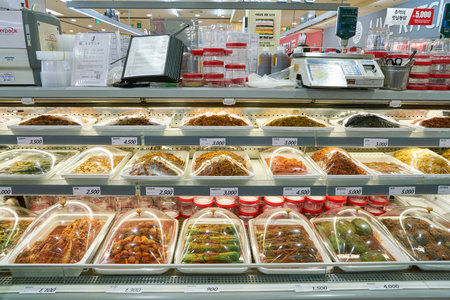 SEOUL, SOUTH KOREA - CIRCA MAY, 2017: food on display at Lotte Mart in Seoul. Lotte Mart is an east Asian hypermarket that sells a variety of groceries, clothing, toys, electronics, and other goods.のeditorial素材