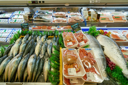 SEOUL, SOUTH KOREA - CIRCA MAY, 2017: fish on display at Lotte Mart in Seoul. Lotte Mart is an east Asian hypermarket that sells a variety of groceries, clothing, toys, electronics, and other goods.のeditorial素材
