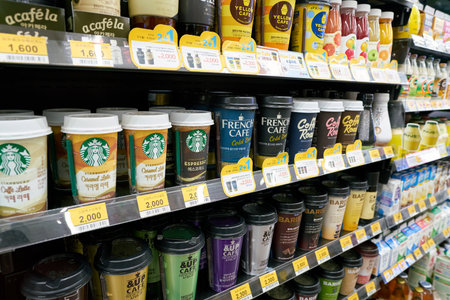 SEOUL, SOUTH KOREA - CIRCA MAY, 2017: goods on display at a convenience store in Seoul.のeditorial素材
