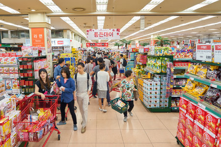 SEOUL, SOUTH KOREA - CIRCA MAY, 2017: inside Lotte Mart in Seoul. Lotte Mart is an east Asian hypermarket that sells a variety of groceries, clothing, toys, electronics, and other goods.のeditorial素材