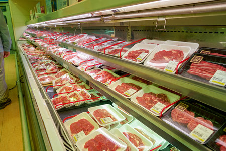 SEOUL, SOUTH KOREA - CIRCA MAY, 2017: meat on display at Lotte Mart in Seoul. Lotte Mart is an east Asian hypermarket that sells a variety of groceries, clothing, toys, electronics, and other goods.のeditorial素材