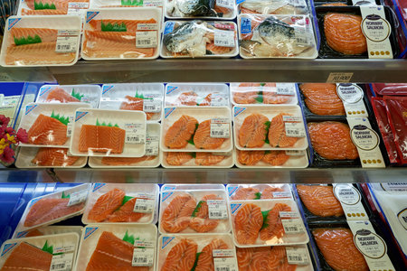 SEOUL, SOUTH KOREA - CIRCA MAY, 2017: fish on display at Lotte Mart in Seoul. Lotte Mart is an east Asian hypermarket that sells a variety of groceries, clothing, toys, electronics, and other goods.のeditorial素材