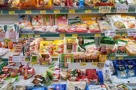 SEOUL, SOUTH KOREA - CIRCA MAY, 2017: inside a grocery store in Seoul. CU is a convenience store franchise chain in South Korea.のeditorial素材