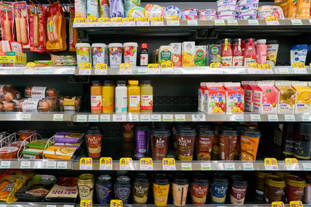 SEOUL, SOUTH KOREA - CIRCA MAY, 2017: goods on display at a CU convenience store. CU is a convenience store franchise chain in South Korea.のeditorial素材