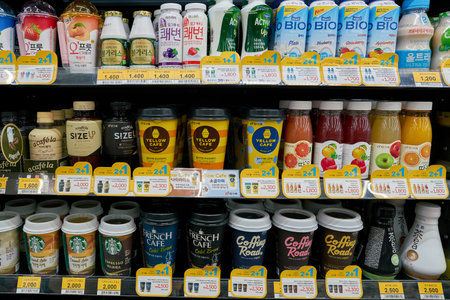 SEOUL, SOUTH KOREA - CIRCA MAY, 2017: goods on display at a convenience store in Seoul.のeditorial素材